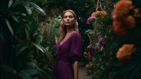 Portrait of a beautiful young woman in a purple dress in a tropical gardenの素材