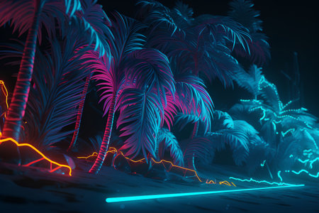 Neon landscape with palm trees. 3D illustration. Neon background.の素材