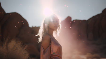 Beautiful blonde girl in a golden dress on a background of red rocksの素材