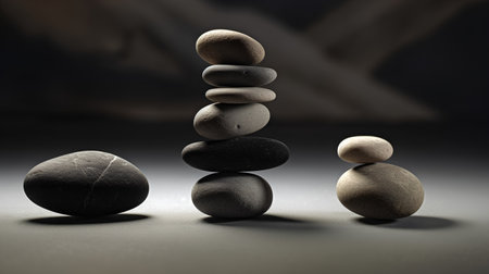 zen stones pyramid on dark background, 3d illustration, square imageの素材