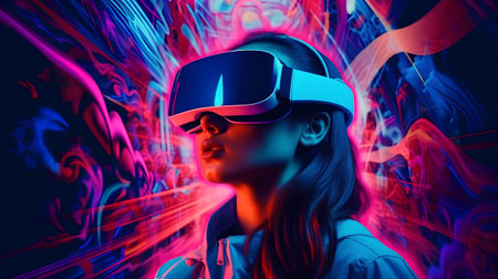 Portrait of a girl wearing virtual reality glasses. 3d rendering.の素材