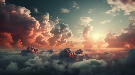 Fantasy landscape with clouds and sun at sunset. 3d illustrationの素材