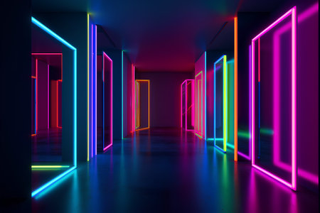 3d render, abstract background with neon lights. Futuristic corridor with glowing lights.の素材