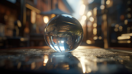 Glass ball with reflection in the city. 3d render illustration.の素材