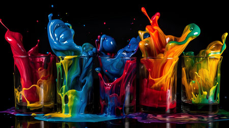 Colorful paint splashing out of glass isolated on black background.の素材