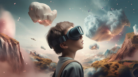 Little boy in virtual reality headset against stormy sky. Mixed mediaの素材