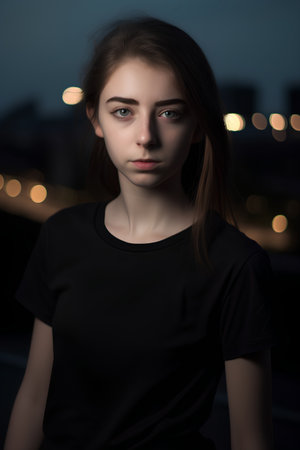 Portrait of a beautiful young girl in a black dress on the background of the night cityの素材