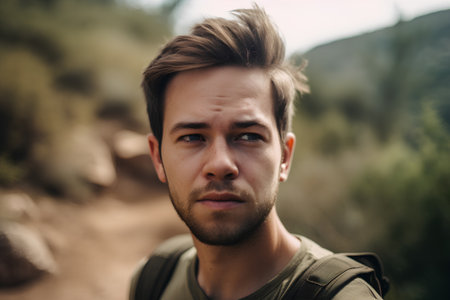 Portrait of a handsome young man with a beard on a hikeの素材