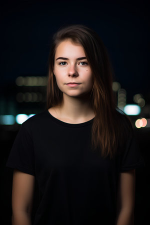 Portrait of a beautiful young woman in the city at night.の素材