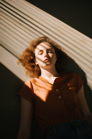 Portrait of a beautiful young redhead woman with closed eyes.の素材