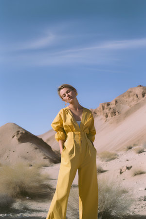 Girl in a yellow jumpsuit on the background of the desert.の素材
