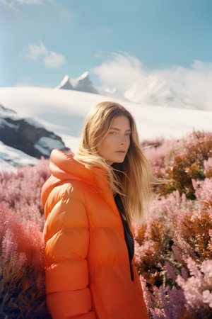 Outdoor portrait of a beautiful young woman with blond hair in an orange jacket on the background of snowy mountainsの素材