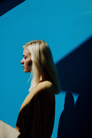 blonde girl in beige coat on blue background with shadows.の素材