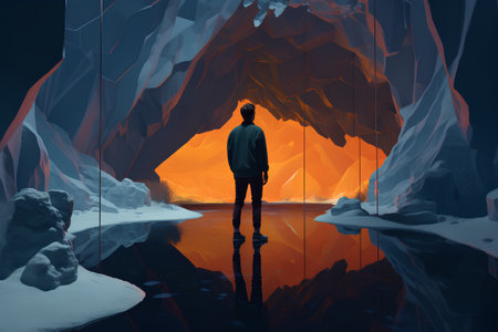Silhouette of a man standing in a cave, 3d renderingの素材