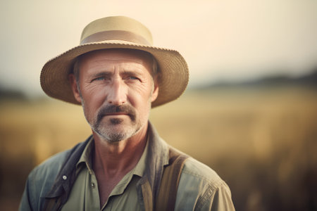 Portrait of senior farmer standing in wheat field and looking at cameraの素材