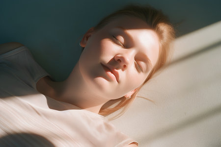 Portrait of beautiful young woman with closed eyes lying on the floorの素材