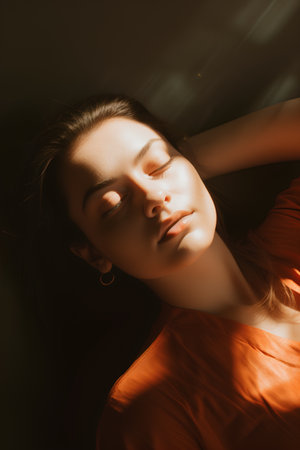 Portrait of a beautiful young woman in orange dress with closed eyesの素材