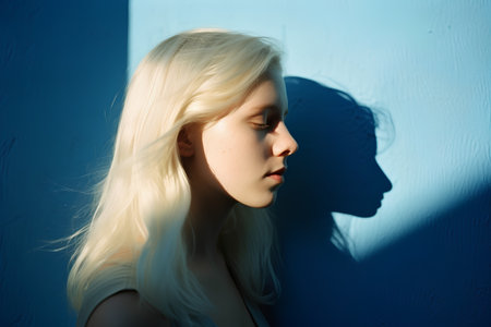 Portrait of beautiful girl with long blond hair and blue wall.の素材