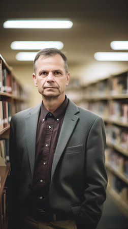 Portrait of a mature man standing in a library and looking at the cameraの素材