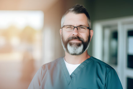Portrait of a mature male doctor with a beard and glasses.の素材