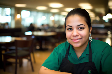 Portrait of a smiling waitress in a restaurant, shallow depth of fieldの素材