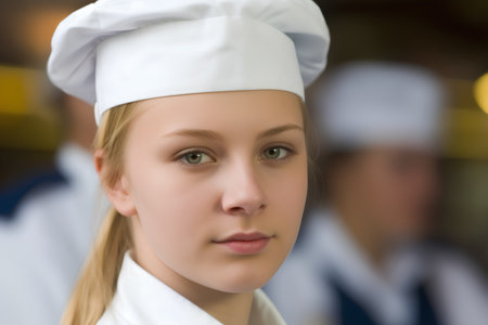 Portrait of a beautiful young female chef in uniform and hat.の素材