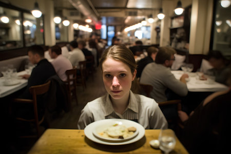 Portrait of a young woman sitting in a restaurant and looking at the cameraの素材