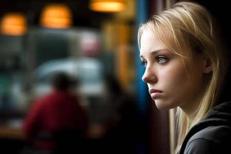 portrait of a beautiful young woman in a cafe, looking awayの素材