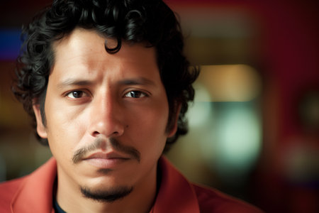 Portrait of a young man in a red shirt and black curly hairの素材