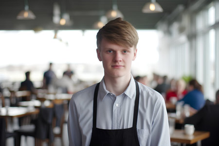 Portrait of a handsome young waiter standing in a cafe and looking at cameraの素材