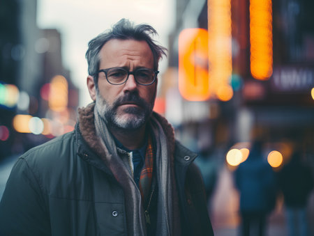 Portrait of a handsome mature man with gray hair and beard wearing eyeglasses, standing in a city street at night.の素材