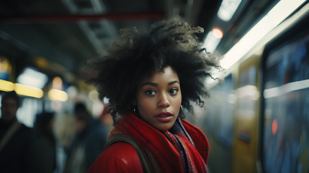 young pretty african american woman with curly hair at subway station underground, lifestyle people conceptの素材