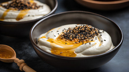 Greek yogurt with black sesame and honey on a dark background.の素材