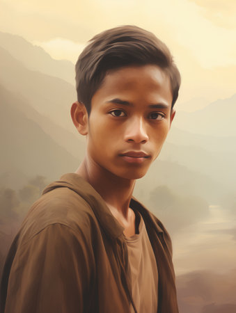 Portrait of a young asian man on the background of mountainsの素材