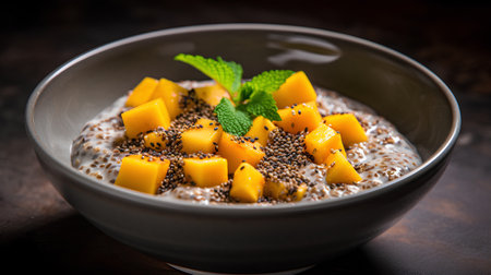 Chia seeds pudding with mango and chia seeds on dark rustic backgroundの素材