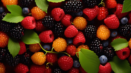 Blackberry, raspberry, blueberry, blackberry and green leaves backgroundの素材