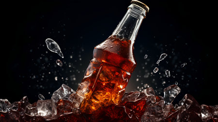 Bottle of cola with ice cubes on black background. 3d renderingの素材