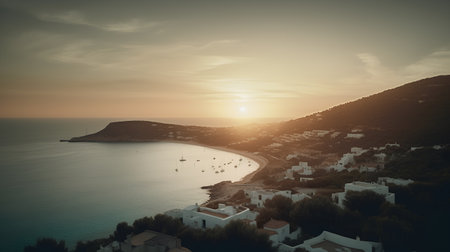 Beautiful sunset over the sea and the village of Oia, Santorini, Greeceの素材