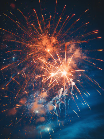 Colorful fireworks on the dark sky background. Independence Day, 4th of Julyの素材