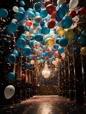 3d rendering of a stairway leading to the entrance with colorful balloonsの素材