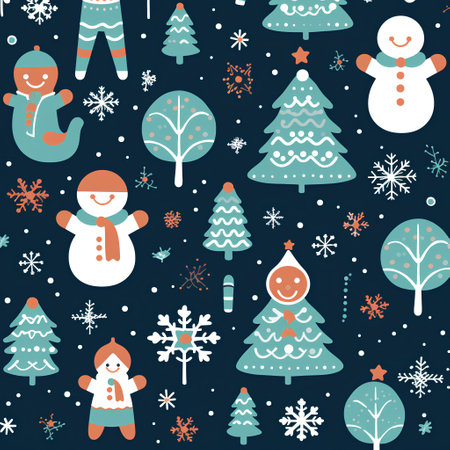 Seamless pattern with Christmas trees and snowmen. Vector illustration.の素材