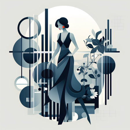 Vector illustration of a beautiful woman in a long dress with a bouquet of flowers.の素材