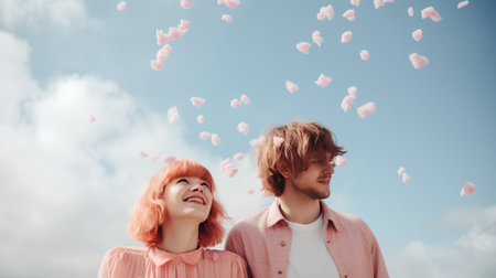 Young romantic couple with falling pink petals over blue sky background.の素材
