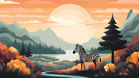 Zebra in the forest at sunset. Vector illustration in flat styleの素材
