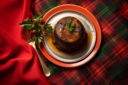 Christmas pudding with holly and berries on a red plaid backgroundの素材
