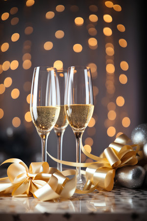 Two glasses of champagne with golden ribbon and bow on bokeh backgroundの素材