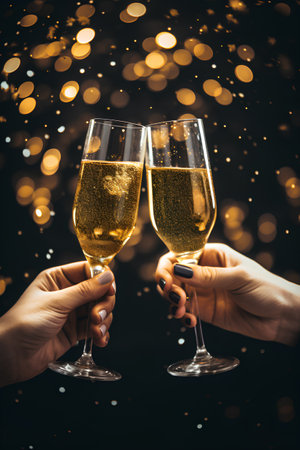 Two female hands clinking glasses of champagne with bokeh backgroundの素材