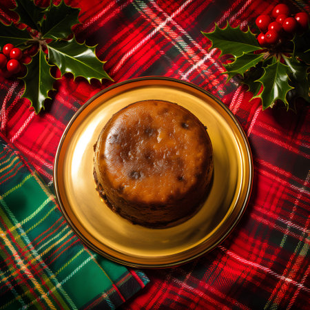Christmas pudding with holly and mistletoe on red plaidの素材
