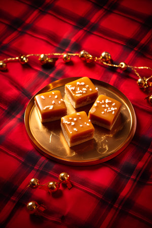 Caramel candies on a plate on a red plaid backgroundの素材