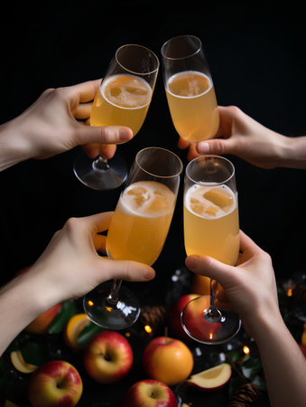 Close-up of female hands clinking glasses with champagne over christmas backgroundの素材